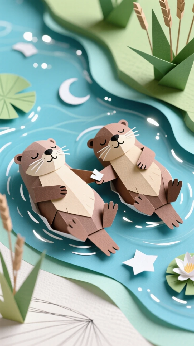 A playful otter family floating together on their backs in a calm river, holding paws to stay connected while they sleep, sunlight sparkling on the water, evoking tenderness and togetherness.