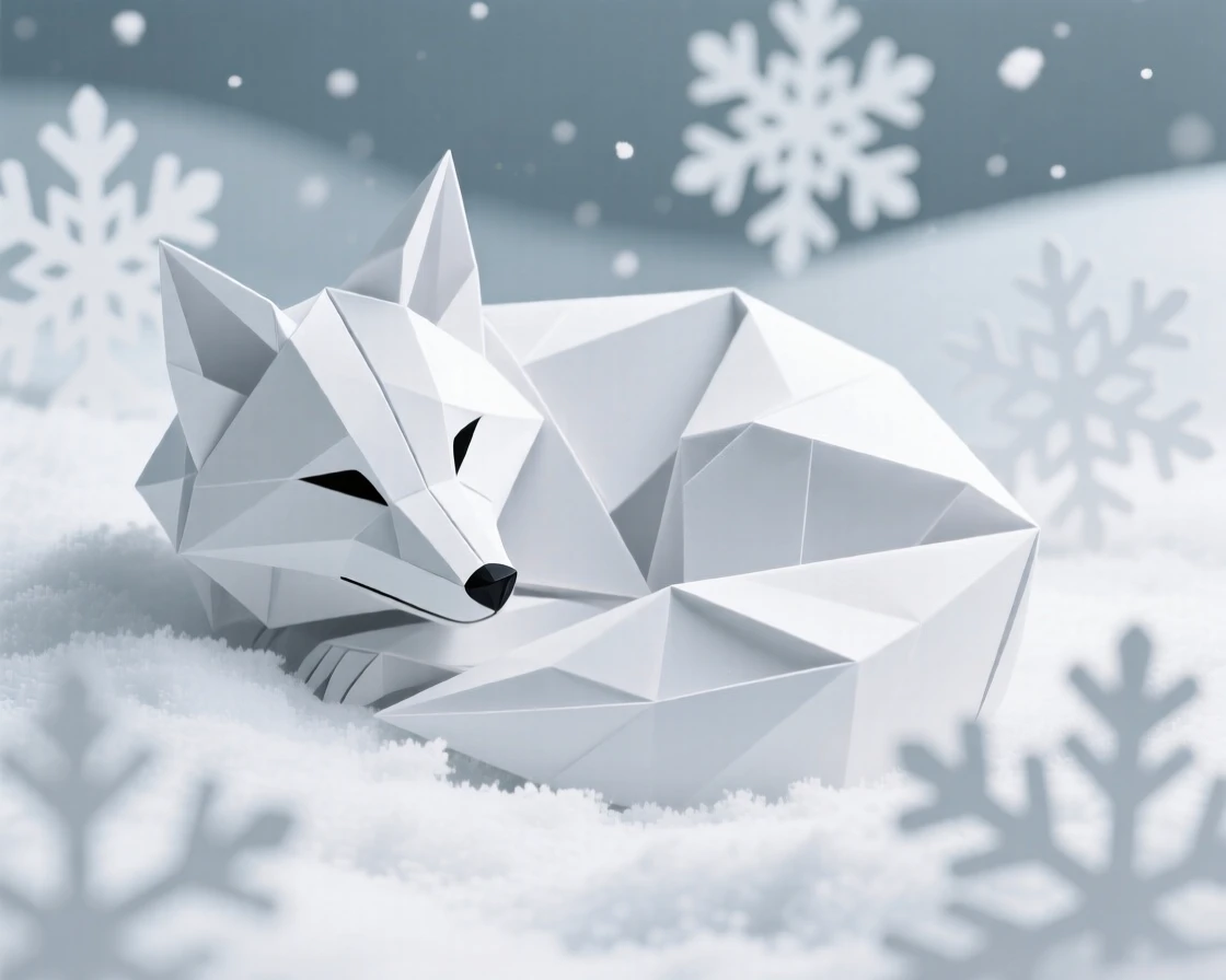 An arctic fox curled in snow with only its black eyes and nose visible against the white fur, snowflakes falling gently.