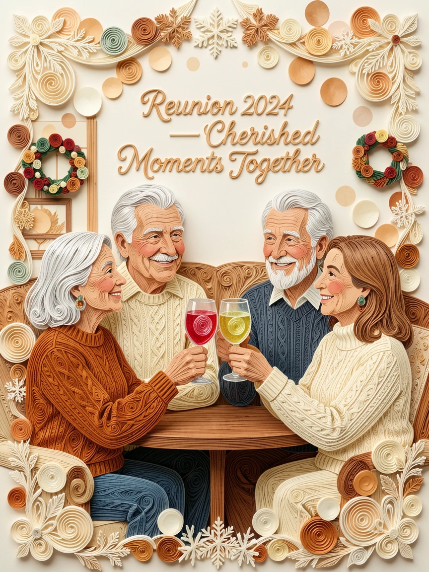 a group of old friends toasting together at a reunion, in a softly lit living room decorated for the holidays, framed with soft bokeh in the background, in soft, cozy tones of amber and cream.
