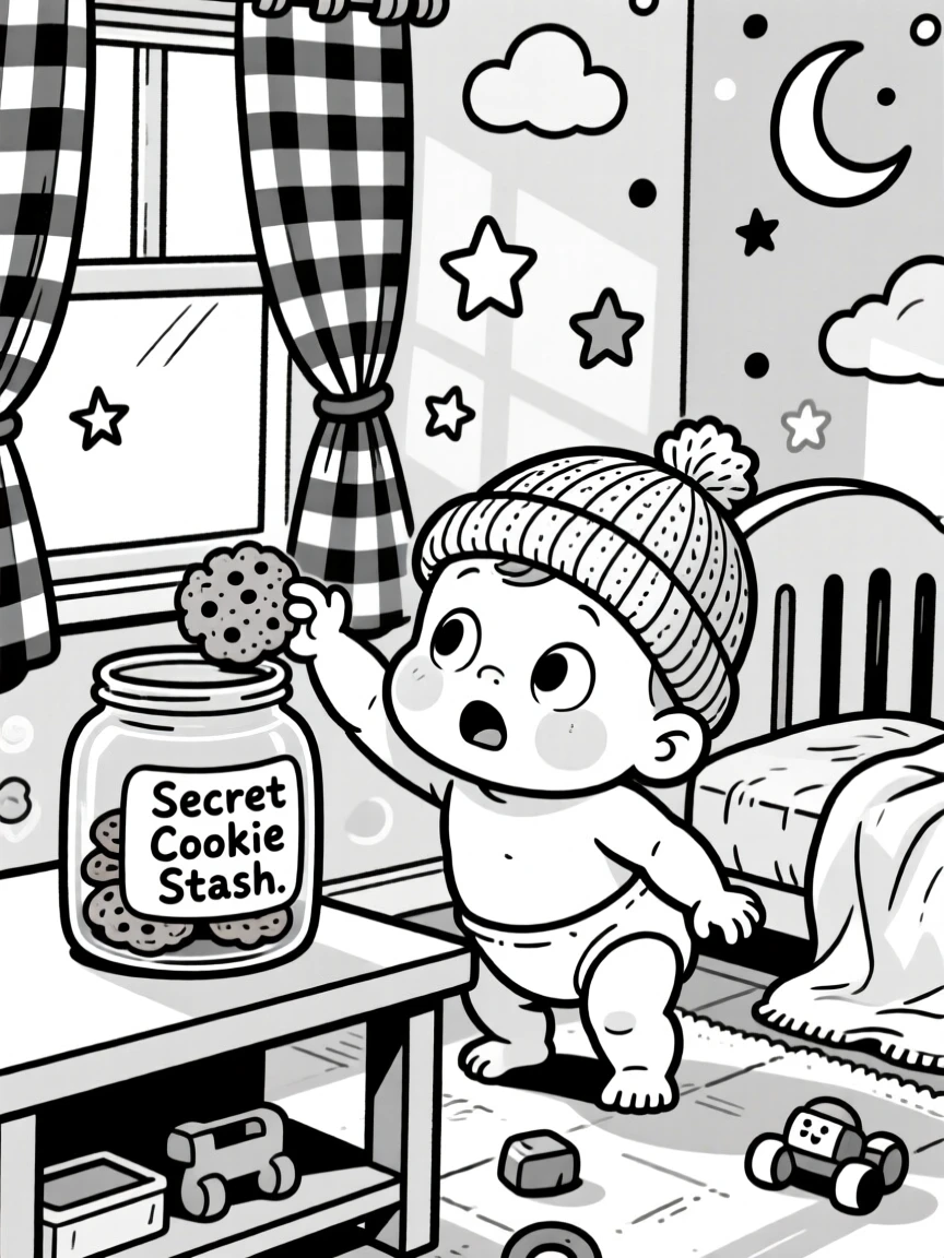 A newborn baby with a tiny knitted cap, trying to sneak an extra cookie from the jar, set in a sunlit nursery with pastel wallpaper. Sunlight streams through gingham curtains. The scene radiates the warm chaos of everyday family love.