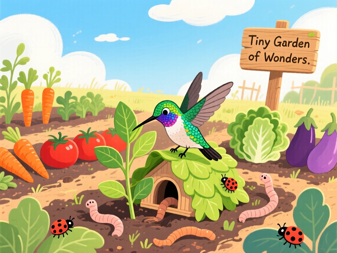 A tiny hummingbird is building a tiny den out of leaves in a tidy vegetable garden, as soft clouds drift overhead.