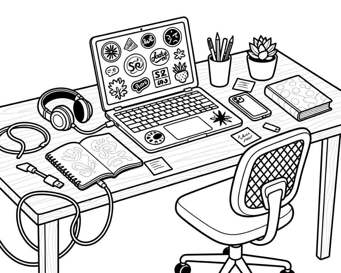 A laptop covered in stickers on a cluttered desk, with cables neatly arranged along the desk.