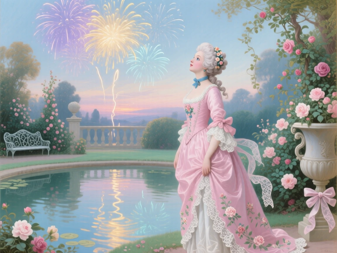 A lady gazing at fireworks reflected in a garden pond  