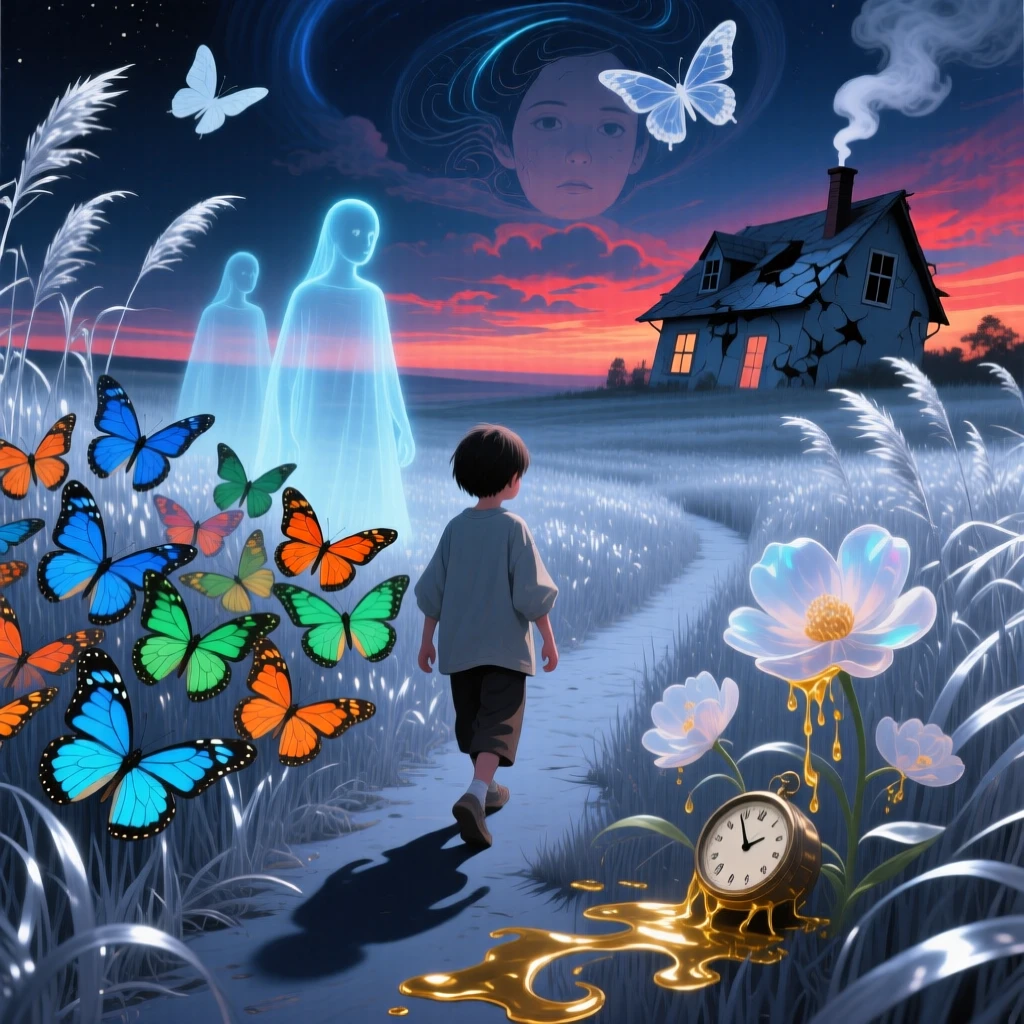A child whose shadow is made of butterflies walks slowly through a field of tall silver grass, while a second, ghostly version of them lingers behind.