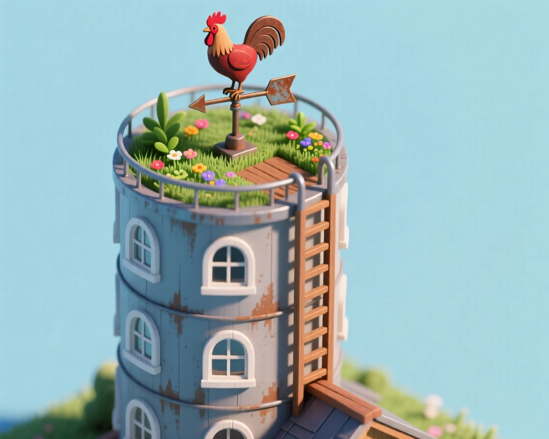 A converted grain silo home with round windows spiraling up the tower, a rooftop garden, a ladder winding around the exterior, and a wind vane shaped like a rooster on top.