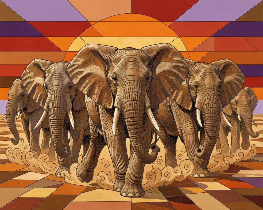 A close-up portrait of a herd of African elephants crossing a dusty plain at sunset, showing rich fur or feather detail and expressive eyes.