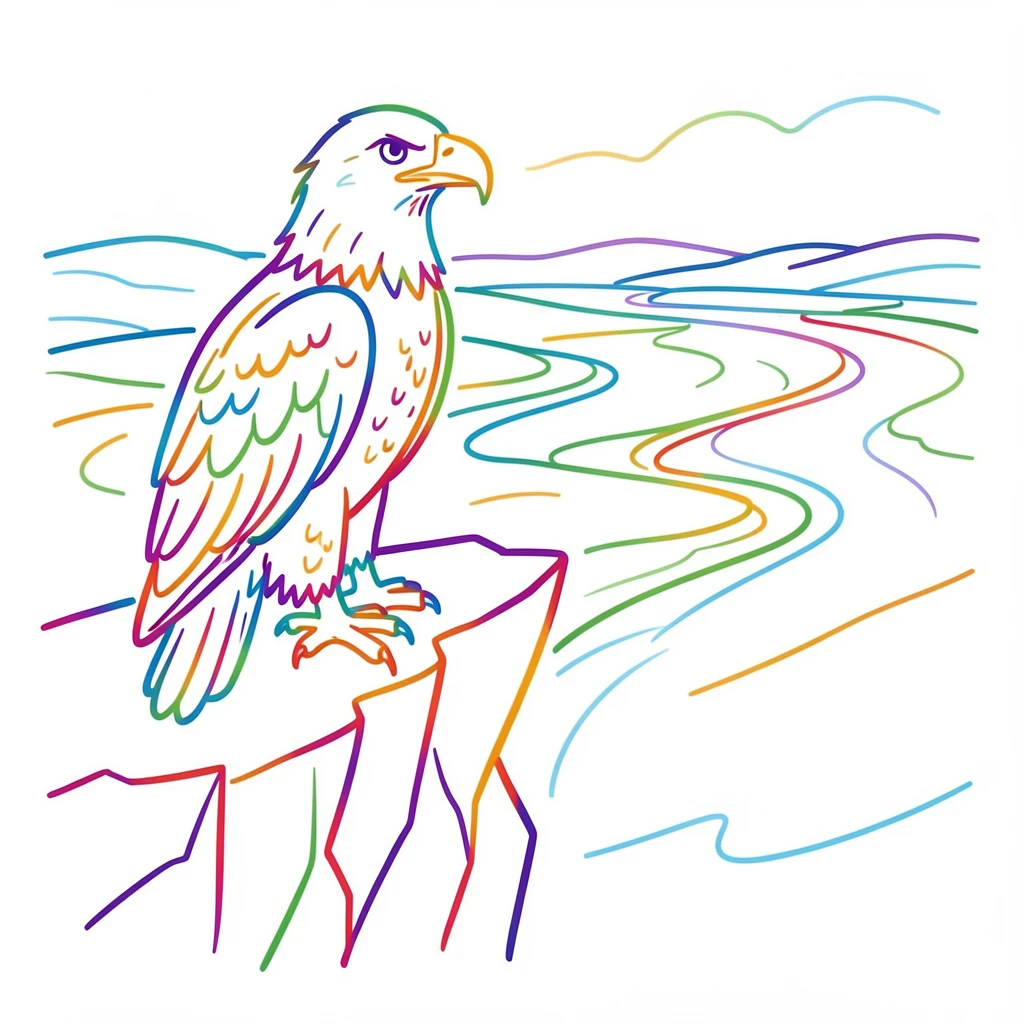 A bald eagle perched on a jagged cliff edge overlooking a wide river valley.