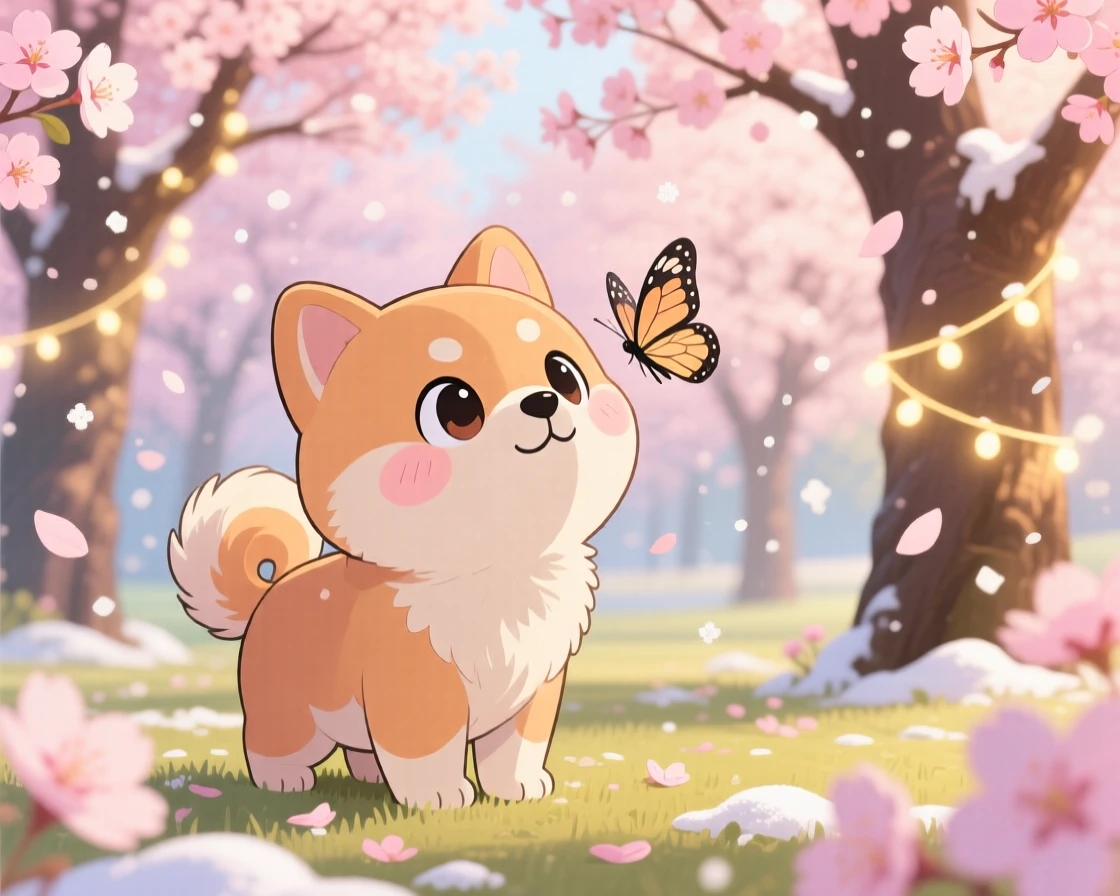 In a blooming cherry blossom park, a fluffy shiba inu puppy is tilting its head curiously at a butterfly amid softly falling snow, bathed in glowing string lights, expression full of peaceful calm. Shot as a medium shot.