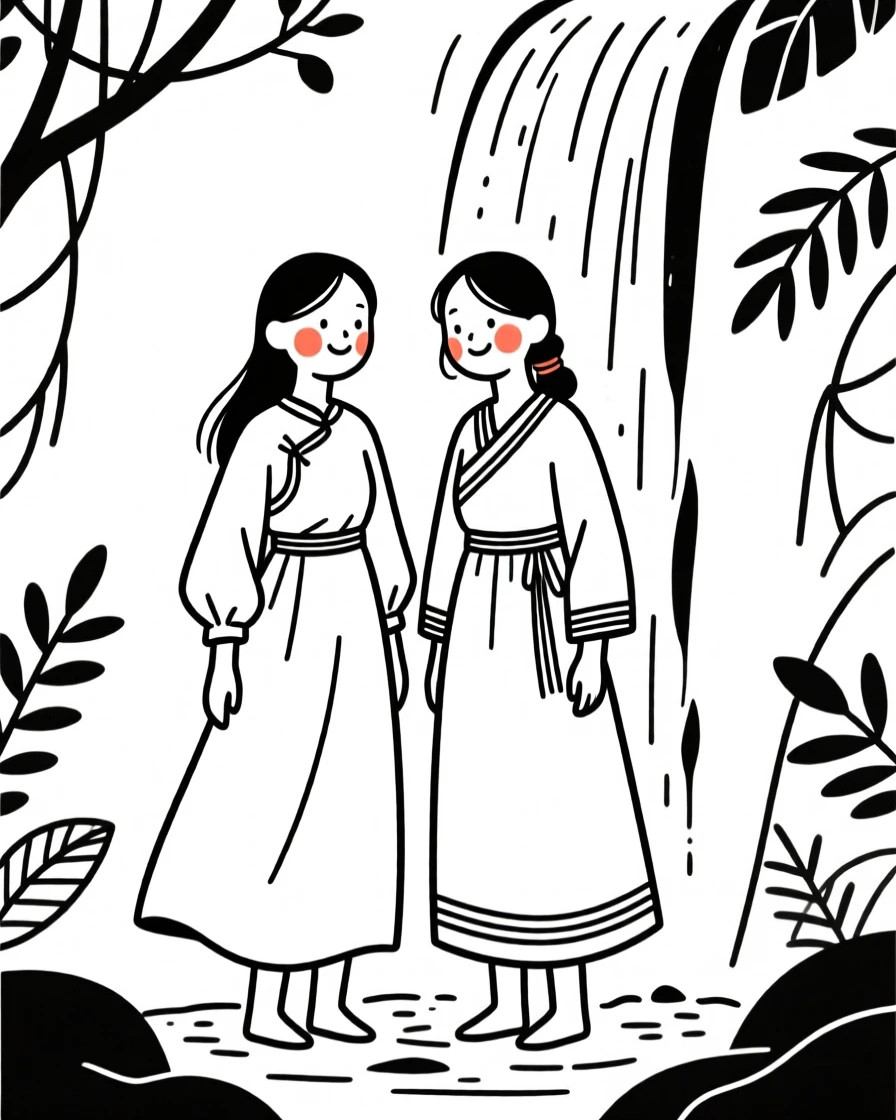 Twin sisters of Mongolian heritage in a flowing bohemian dress, smiling shyly, by a waterfall in the jungle.