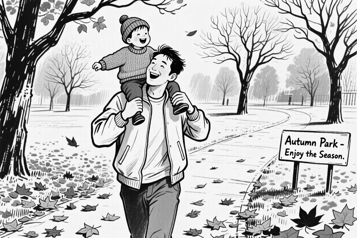 A father carrying his laughing child on his shoulders through a park full of autumn leaves.