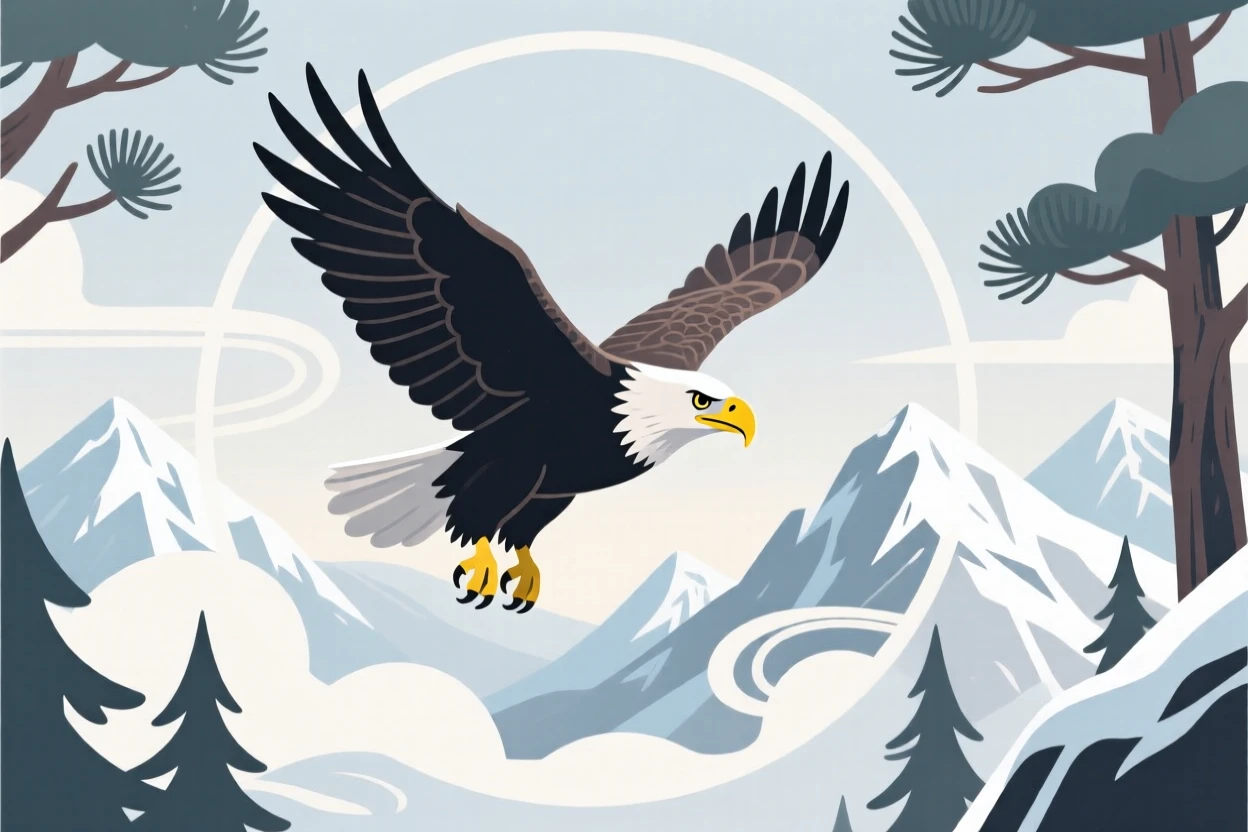 A bald eagle soaring with wings outstretched against the sky, framed by a snowy mountain landscape under a pale sky, placed within a circular vignette of natural framing, with a sense of playful curiosity captured perfectly.