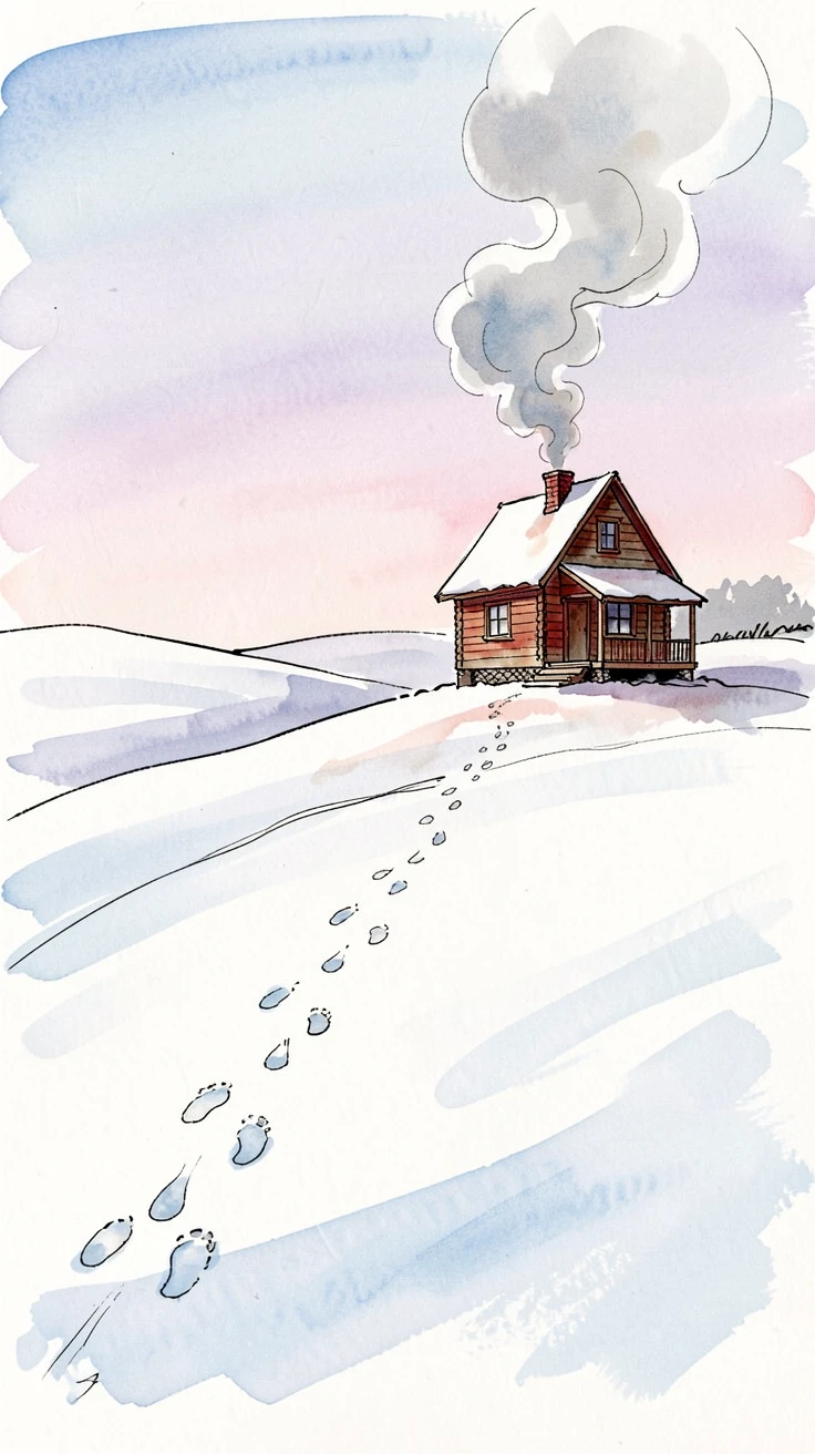 A field after fresh snowfall with a single set of footprints leading toward a distant cabin with smoke curling from its chimney