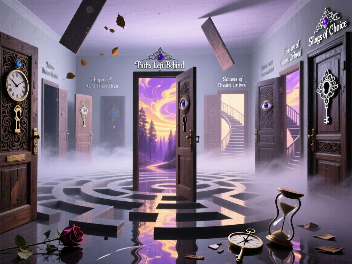 A maze of doors representing every choice never made stands quietly at the center of an empty, soft-lit room, as everything else fades quietly into muted color.