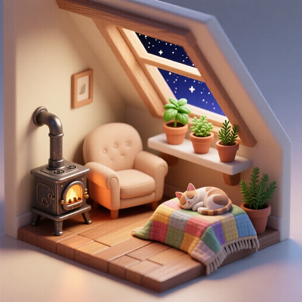 A snug attic apartment with a slanted skylight showing stars, a reading chair by a small stove, potted herbs on the sill, and a cat curled on a patchwork quilt.