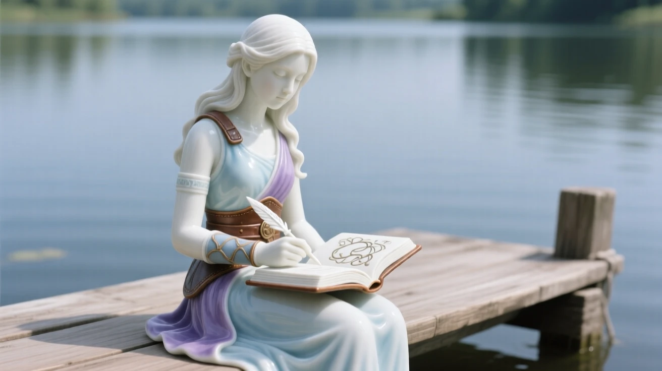 A youthful warrior maiden sketching in a leather-bound journal, her posture calm and dignified, in a quiet lakeside dock.