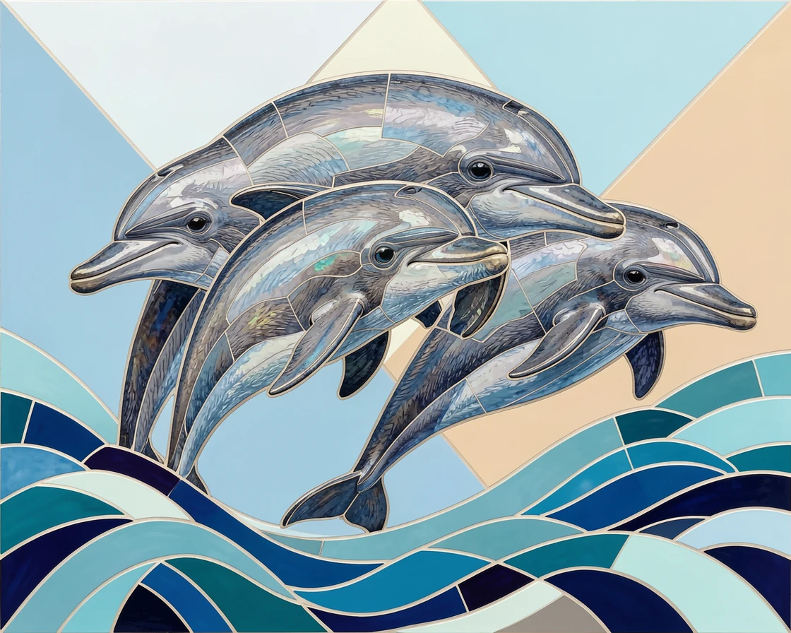 A close-up portrait of a pod of dolphins leaping through ocean waves, showing rich fur or feather detail and expressive eyes.