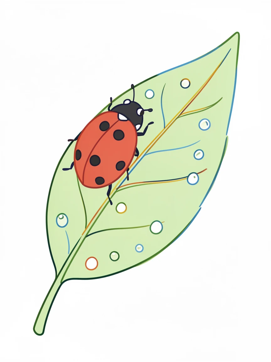 A ladybug crawling along the edge of a large green leaf dotted with morning dew.