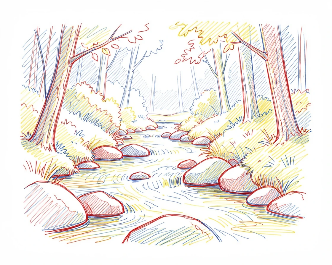 A quiet stream trickling over smooth stones through a sunlit forest clearing