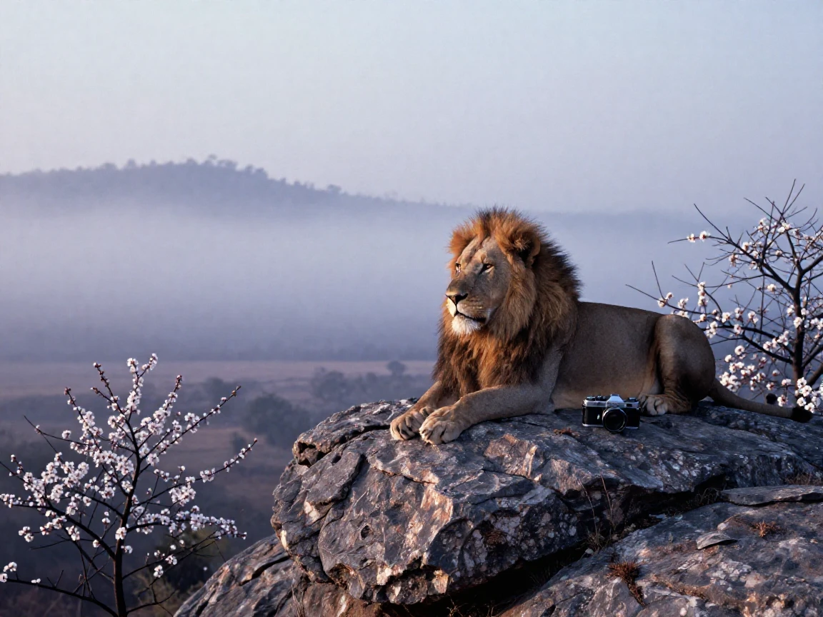 A lion resting majestically atop a sunbaked rock, in the pale light just before sunrise, in thick rolling fog, as spring blossoms unfurl, in cool blues and silvery greys, from a wide establishing view.