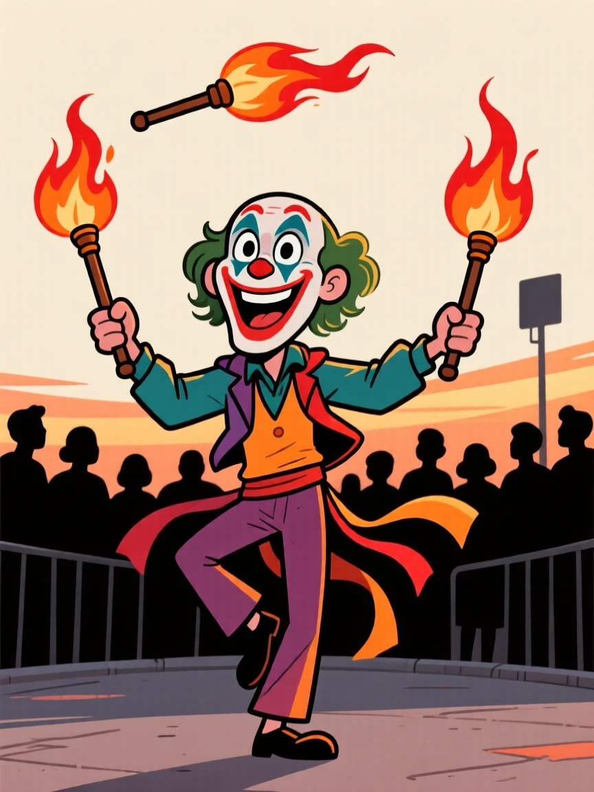 A memorable character portrait of a charismatic street performer juggling flaming torches, eyes wide with theatrical flair, a small crowd of silhouettes watching.