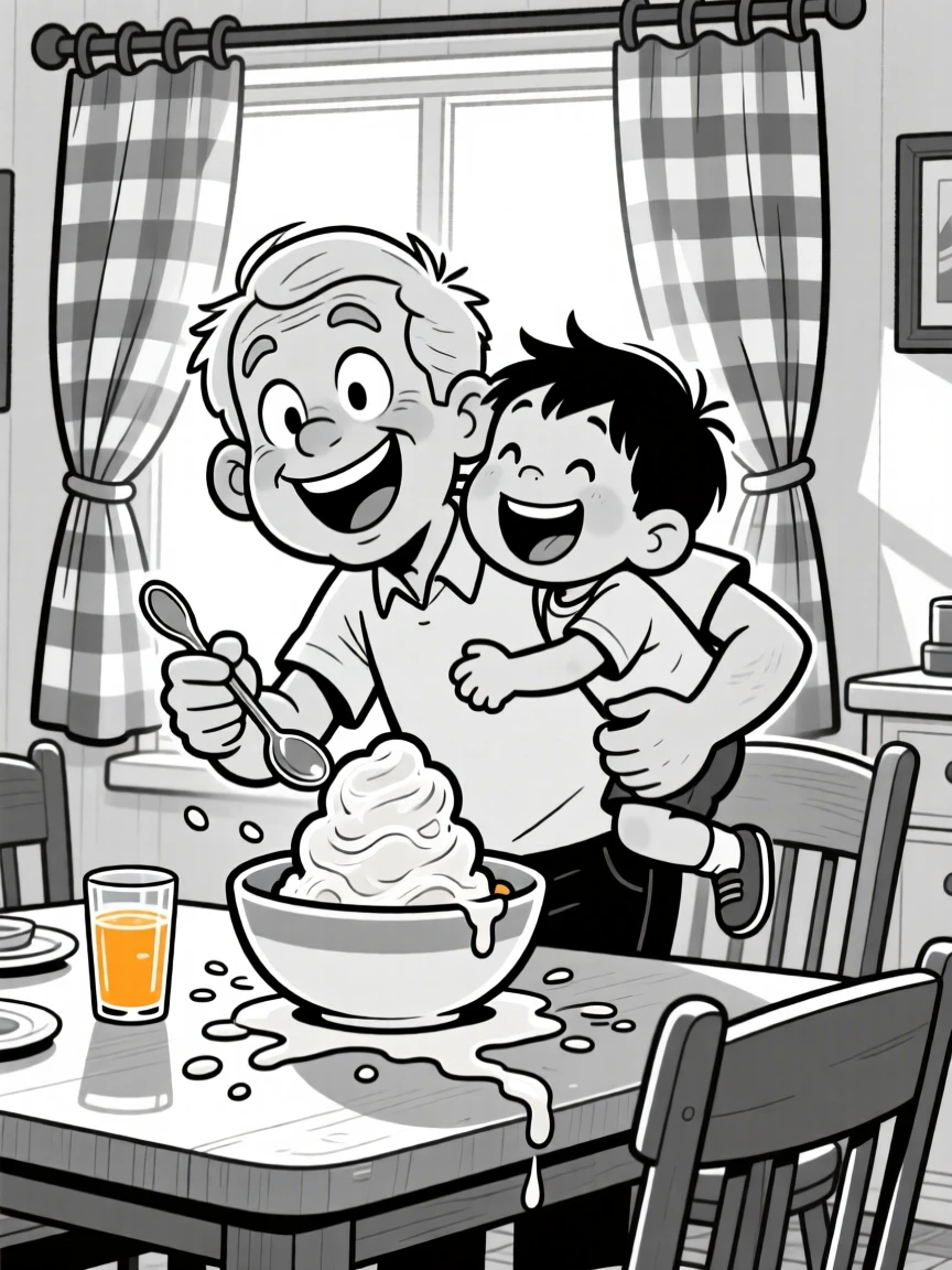 An older brother giving his little sibling a piggyback ride, sharing one giant scoop of ice cream with two spoons, set at a breakfast nook with orange juice spilled nearby. Sunlight streams through gingham curtains. It feels like a memory worth framing forever.