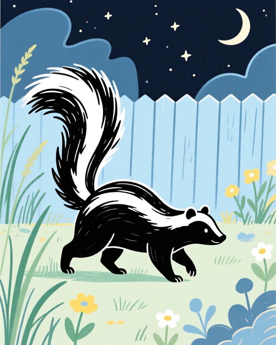 A skunk wandering through a backyard garden at night.