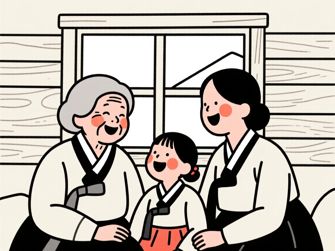 Three generations of women of Korean heritage, laughing joyfully, in a mountain cabin.