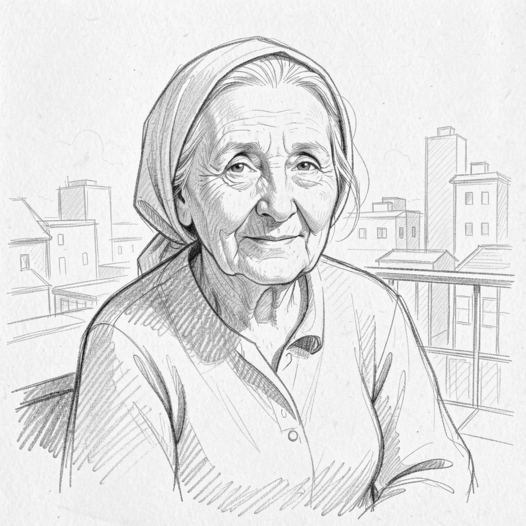Close-up portrait of a wise elderly grandmother on a rooftop overlooking the city, with a faint, knowing smile.