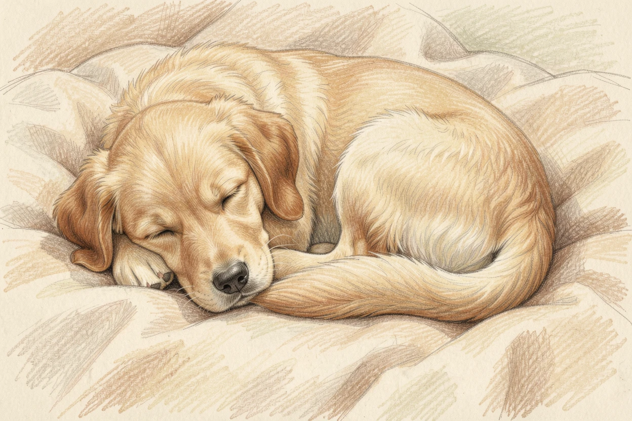 A golden retriever puppy curled up asleep on a cozy blanket, surrounded by soft natural light and gentle shadows, radiating warmth, innocence, and gentle charm.