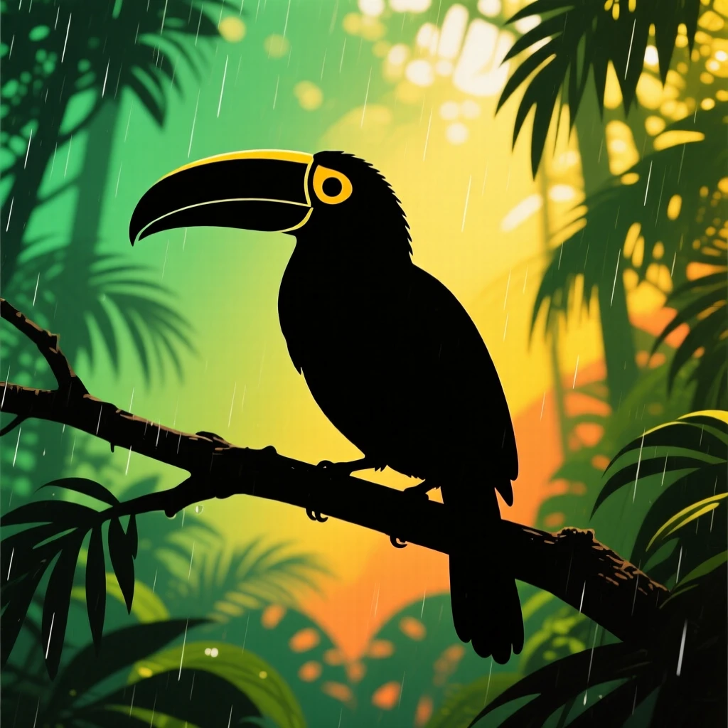 A toucan perched on a rainforest branch, its oversized beak angled upward.