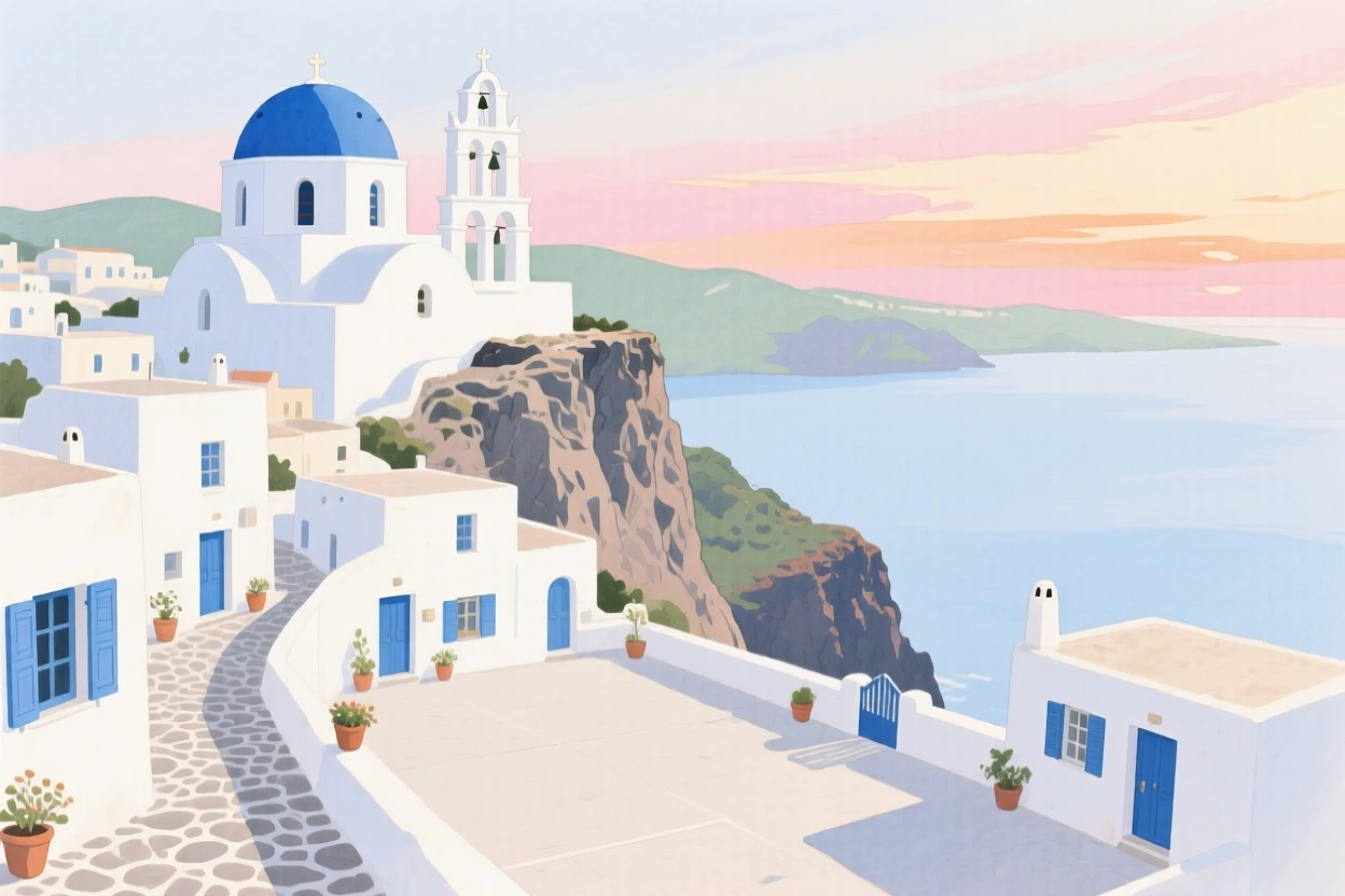 A picturesque view of a cliffside Greek village with a bell tower overlooking the town square, under a soft sunrise