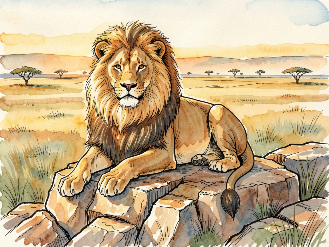 A majestic lion resting atop a rocky outcrop overlooking the savanna at golden hour, its mane catching the warm light