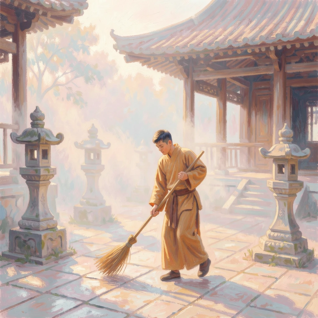 A young monk sweeping the courtyard of an ancient temple at first light, mist curling around stone lanterns.