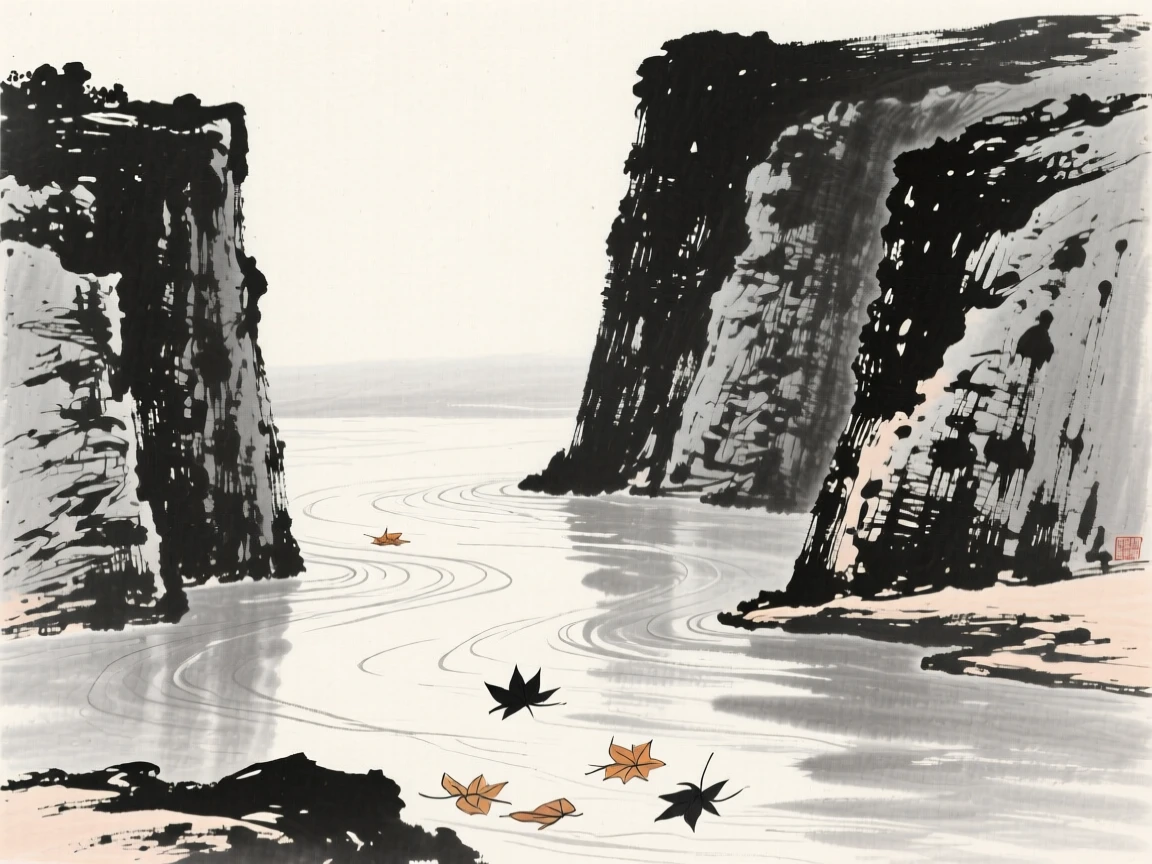 a slow river reflecting the surrounding cliffs, with autumn leaves drifting on the current.