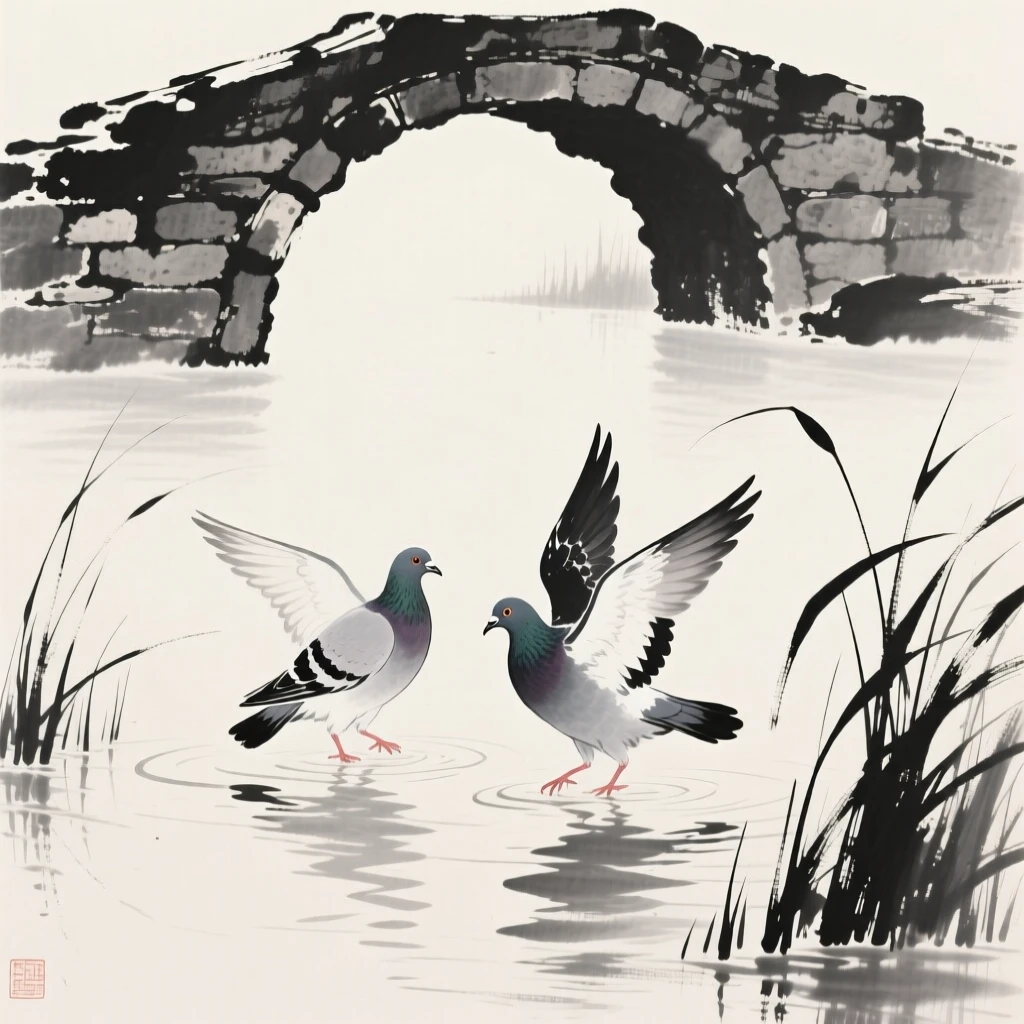 A pair of doves wading through shallow reeds near an old stone bridge, captured mid-motion with wings outstretched, conveying serenity and effortless movement.
