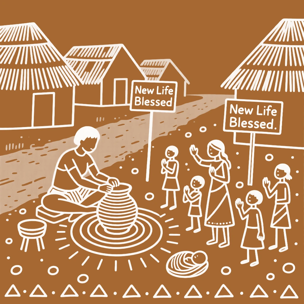 A potter at his wheel gathering to bless a newborn along a dirt path lined with huts.