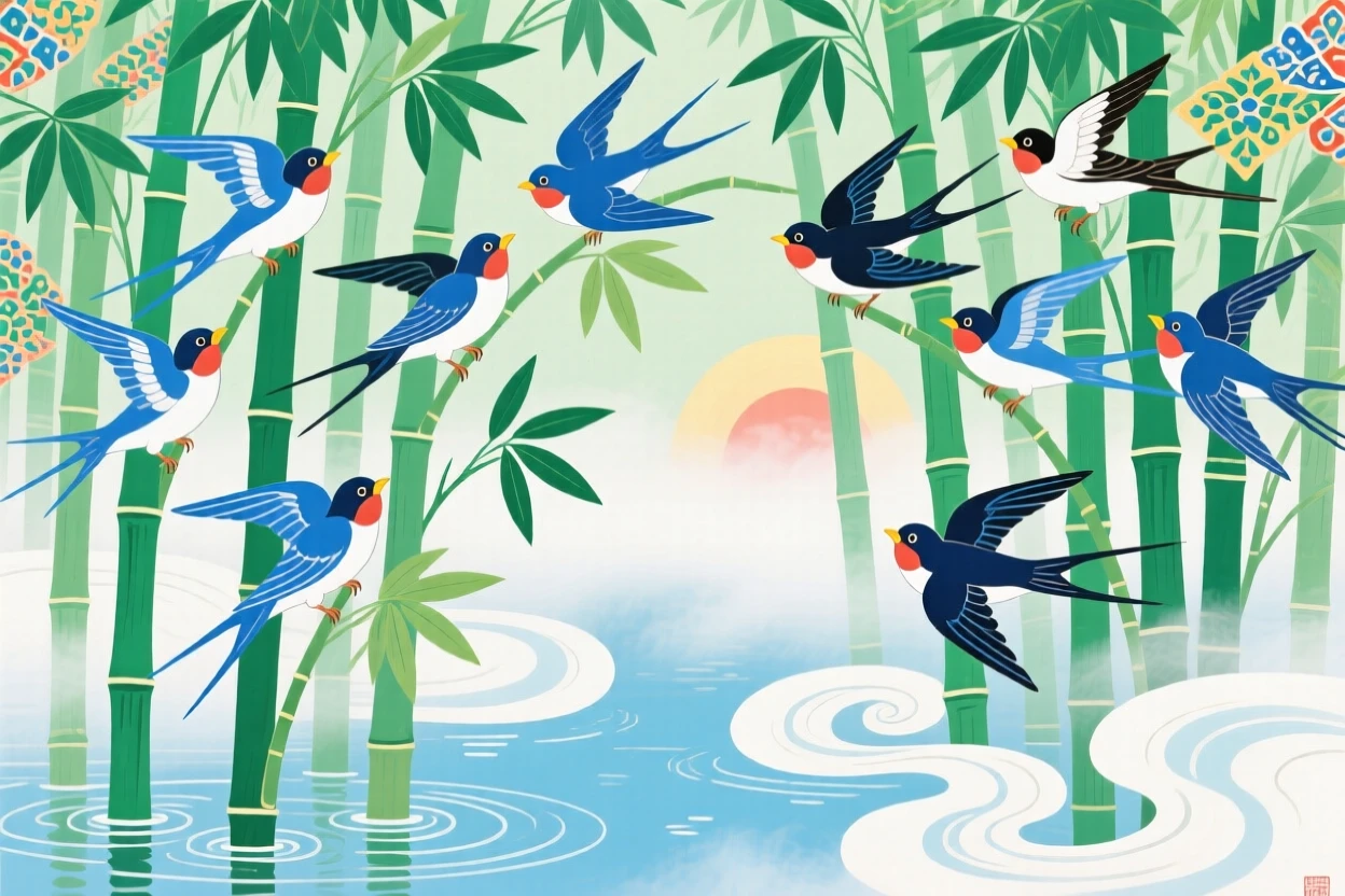 A flock of swallows perched in a bamboo grove, as morning mist rises from the water.