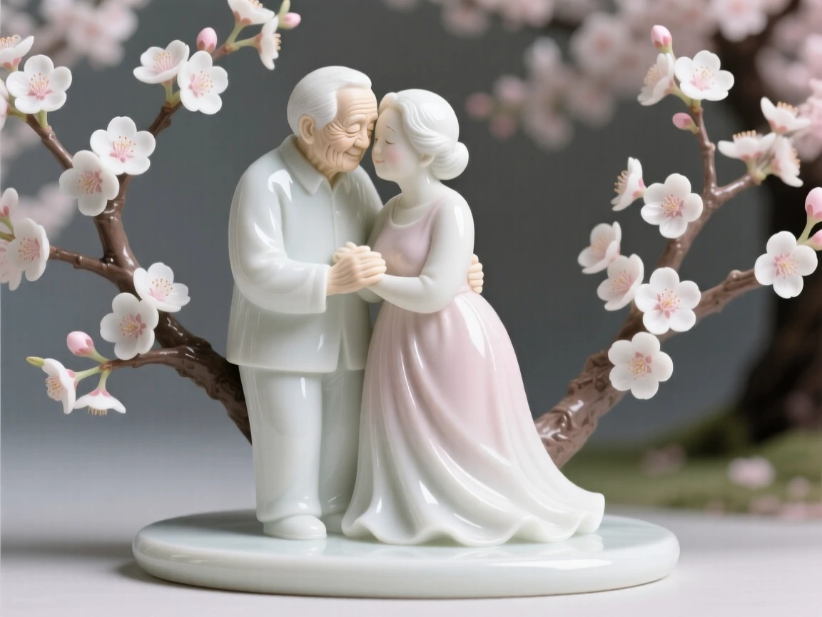 A tender scene of an elderly couple sharing a quiet embrace in a blossoming cherry orchard, light catching the folds of her dress.