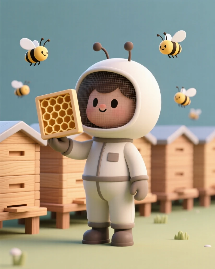 A young beekeeper in protective gear gently lifts a honeycomb frame, bees buzzing calmly around a row of wooden hives.