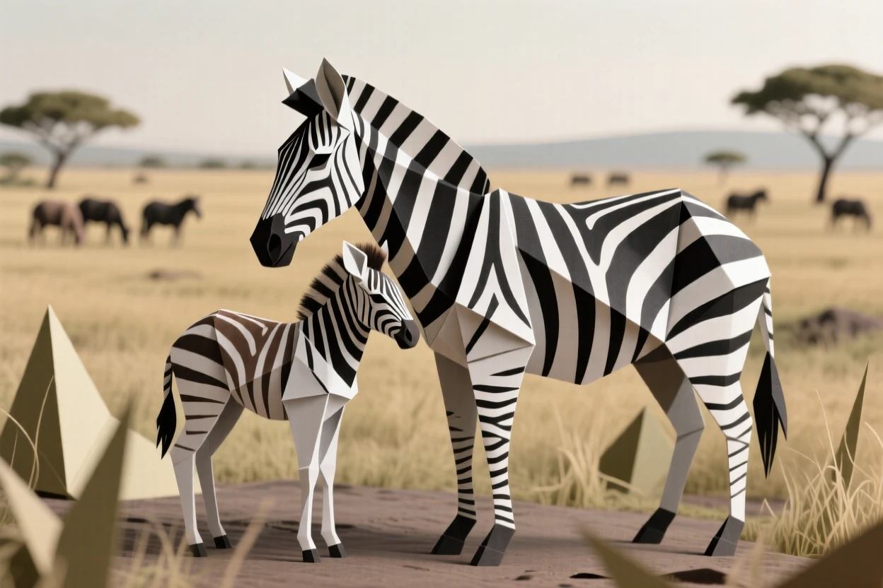 A baby zebra standing close against its mother's striped flank, both facing a distant herd on the savanna.