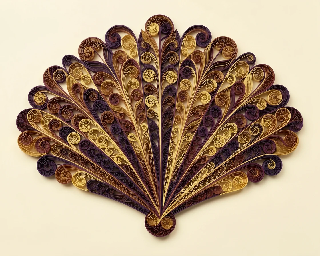 An elegant design featuring a fan-shaped arrangement of layered feathers, arranged in concentric layered rings, in rich plum and antique gold hues, set on a warm ivory background.
