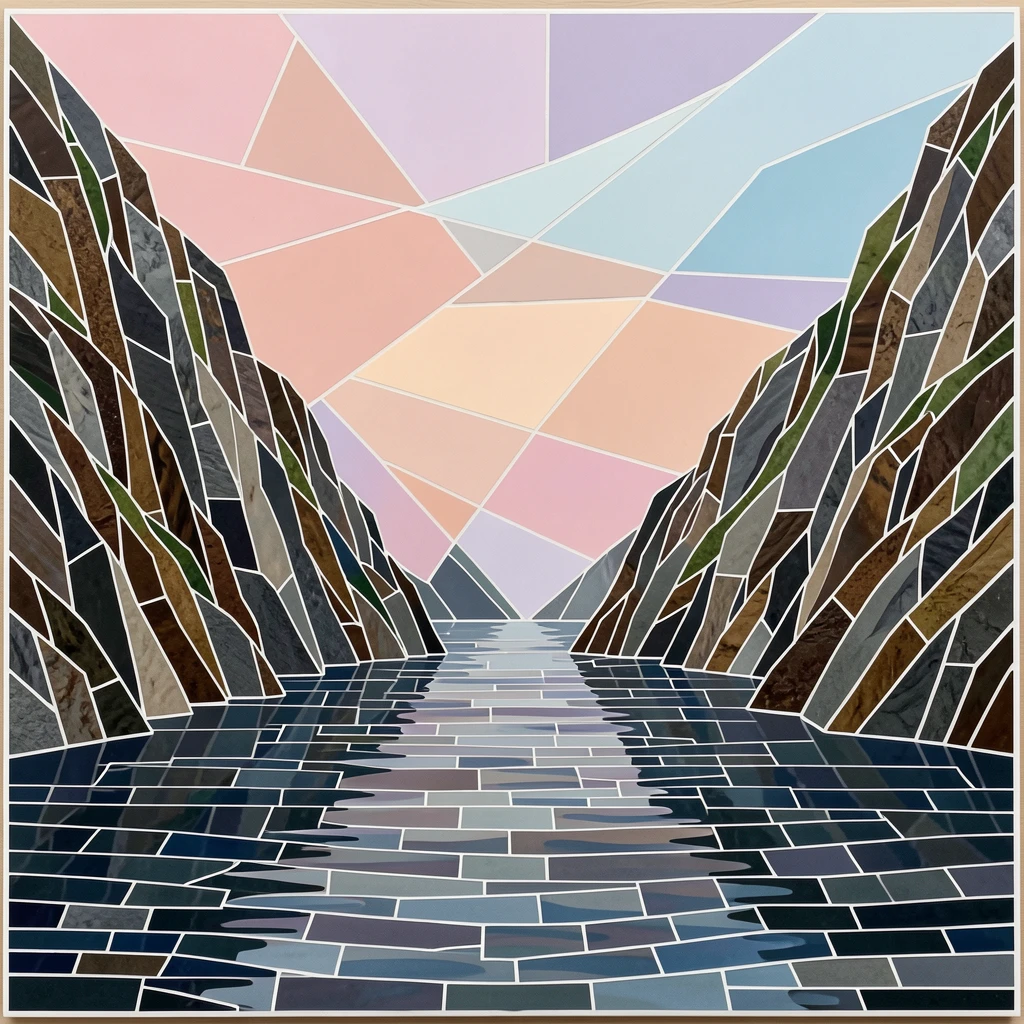 A dramatic fjord with steep cliffs plunging into calm dark water, beneath a sky painted in pastel sunrise hues.