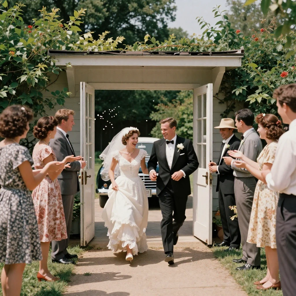Guests tossing rice as newlyweds run toward a waiting car, under harsh midday sun, in crisp, dry air, in the height of summer, with deep emerald greens and browns, framed through an open doorway.
