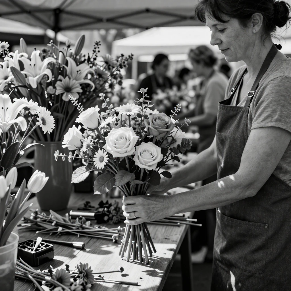 A florist arranges a bouquet of fresh blooms at a sunlit market stall.