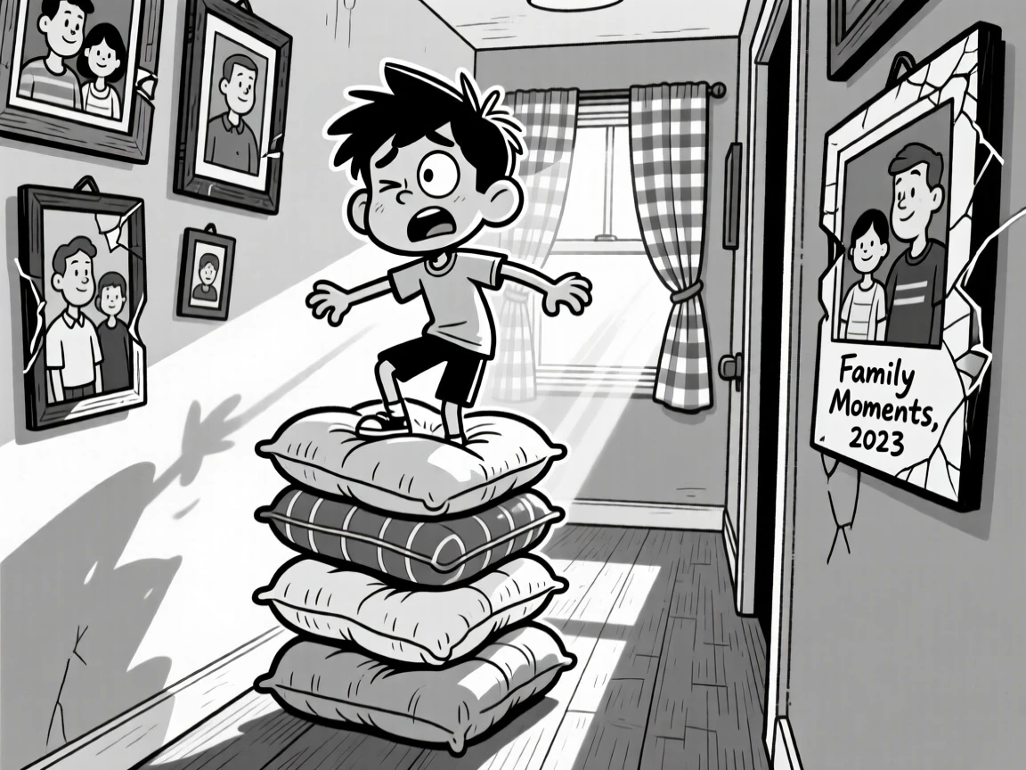 A teenage boy rolling his eyes at his parents, balancing precariously on a stack of couch cushions, set in a hallway lined with crooked family photos. Sunlight streams through gingham curtains. The scene radiates the warm chaos of everyday family love.