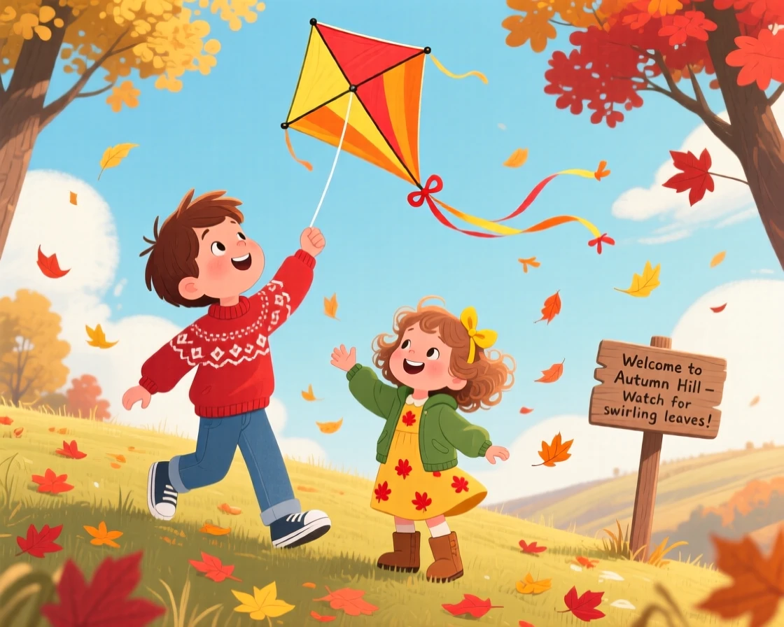 With his little sister close by, a curious young boy is flying a kite on a breezy hilltop, as autumn leaves swirl around them.
