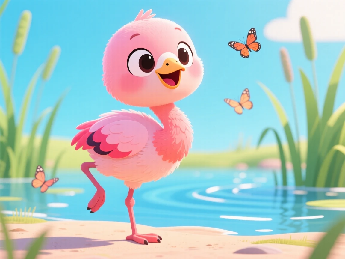 A baby flamingo standing on one leg for the first time.