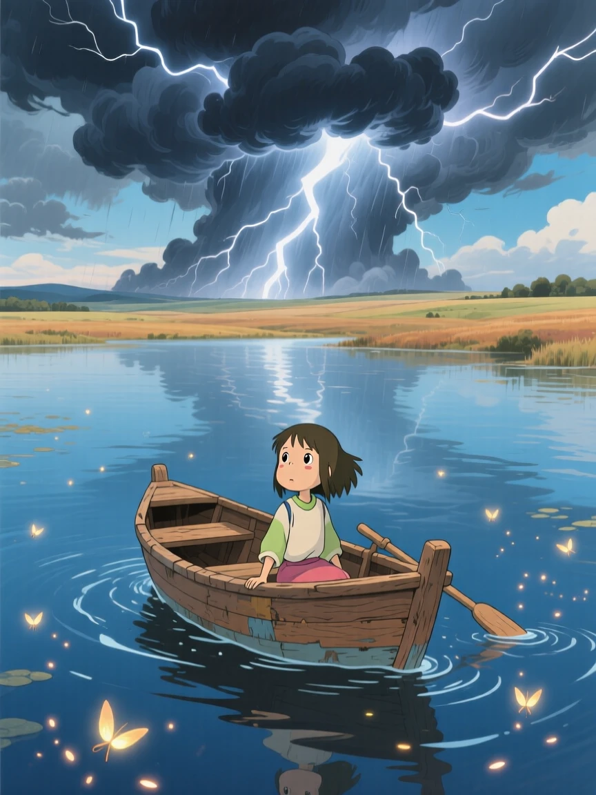 A stunning view of a dramatic thunderstorm rolling across a distant plain, viewed from a small boat bobbing on the water.