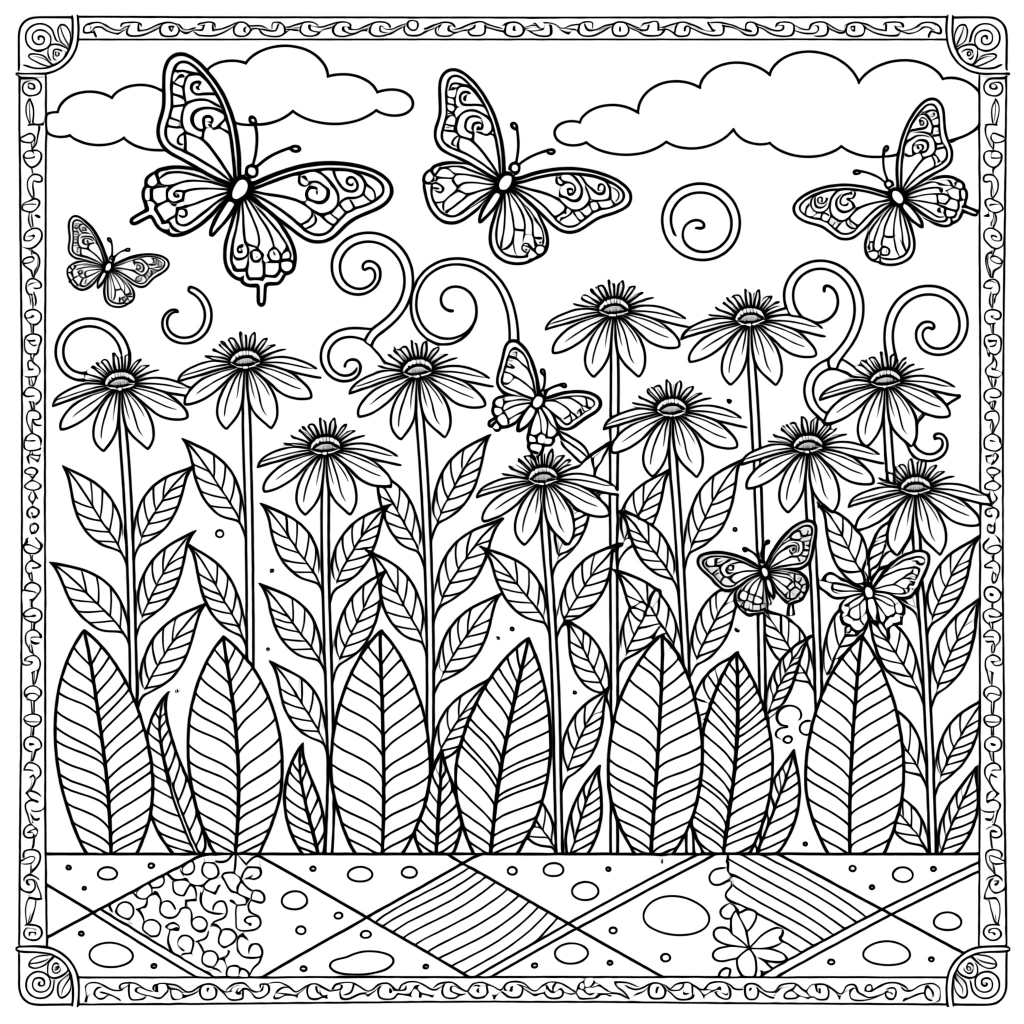 A butterfly garden with milkweed, coneflowers, and zinnias in bloom.
