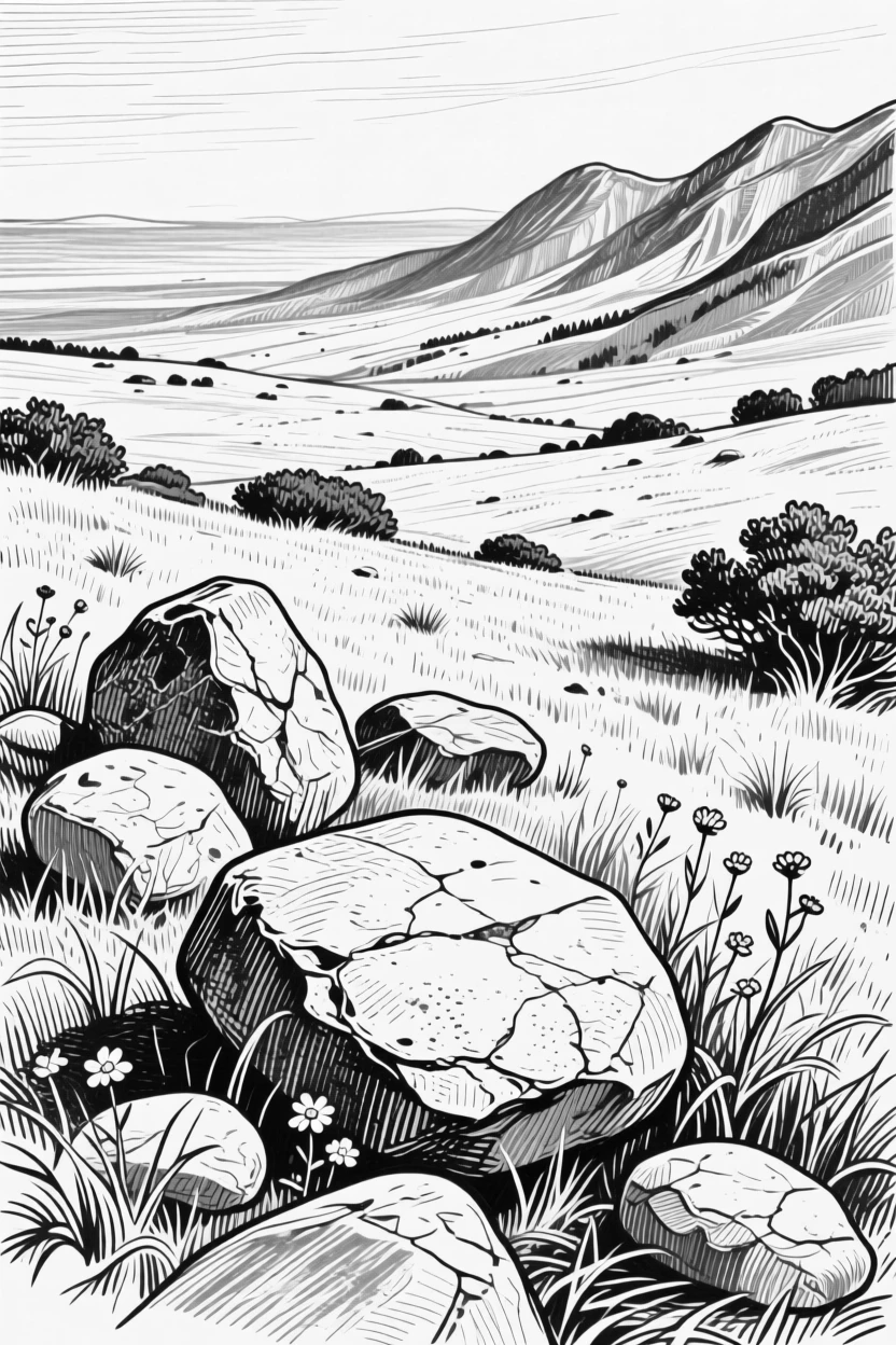 An alpine meadow at the edge of an endless horizon, with smooth stones worn by centuries of tide, evoking a wild and untamed atmosphere in a wide, balanced composition.
